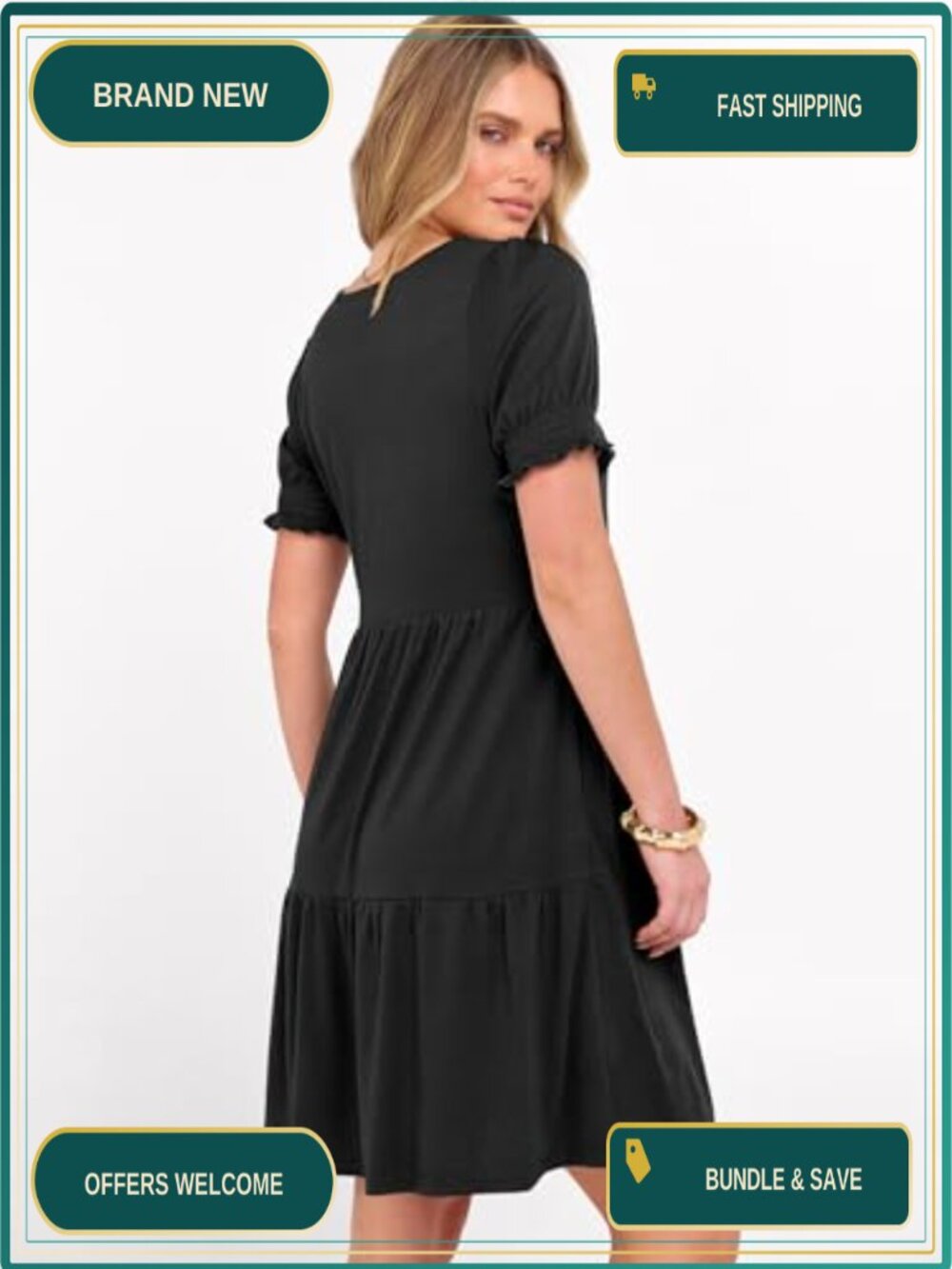 Women's Puff Sleeve Mini Dress with Pockets Casual Summer Flowy A-Line - Picture 5 of 6